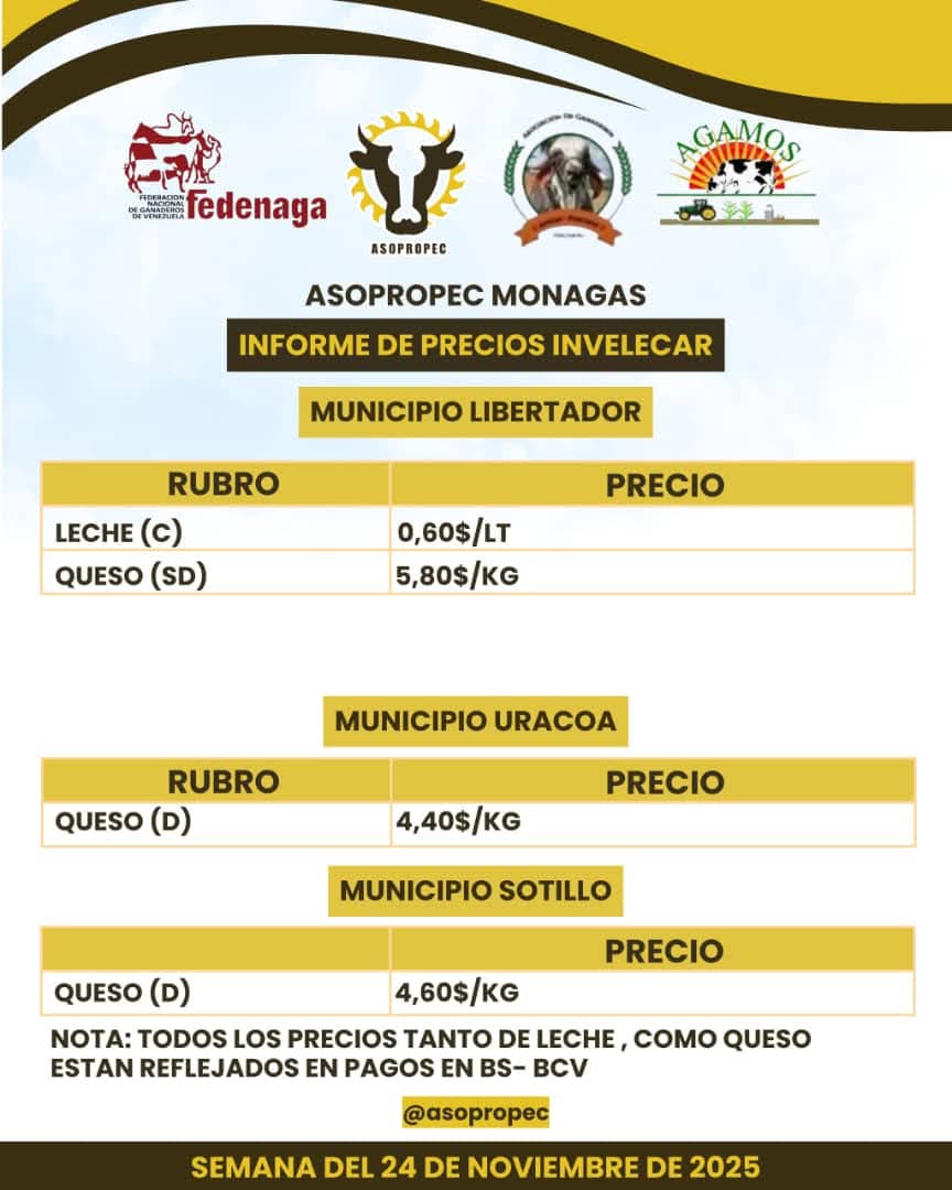 campocafeciudad's tweet photo. INFORME DE PRECIOS DE INVELECAR (INSTITUTO VENEZOLANO DE LA LECHE Y LA CARNE). MUNICIPIOS LIBERTADOR, URACOA Y SOTILLO. ESTADO MONAGAS
Semana del 24 de noviembre de 2025.
Fuente: ASOPROPEC Monagas (Asociación de Productores Pecuarios del estado #Monagas)
#CampoCafeCiudad https://t.co/KPw3PvDjhQ