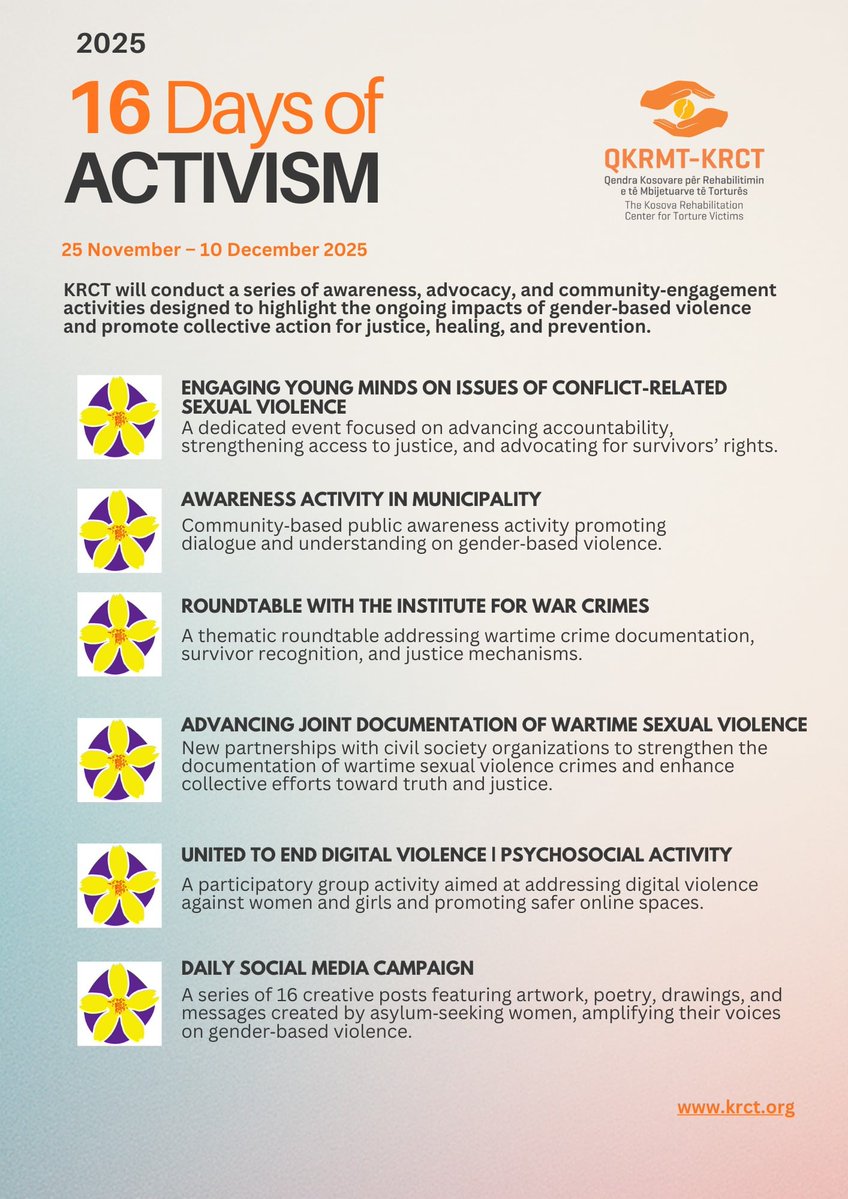 📅 #16Days of Activism Against Gender-Based Violence
KRCT joins the movement to raise awareness, support CRSV survivors, and promote human rights &amp; equality.
📌 Find our activity calendar for all events during the #16Days 

#EndGBV #OrangeTheWorld #TraumaHasNoDeadline #BeMyVoice