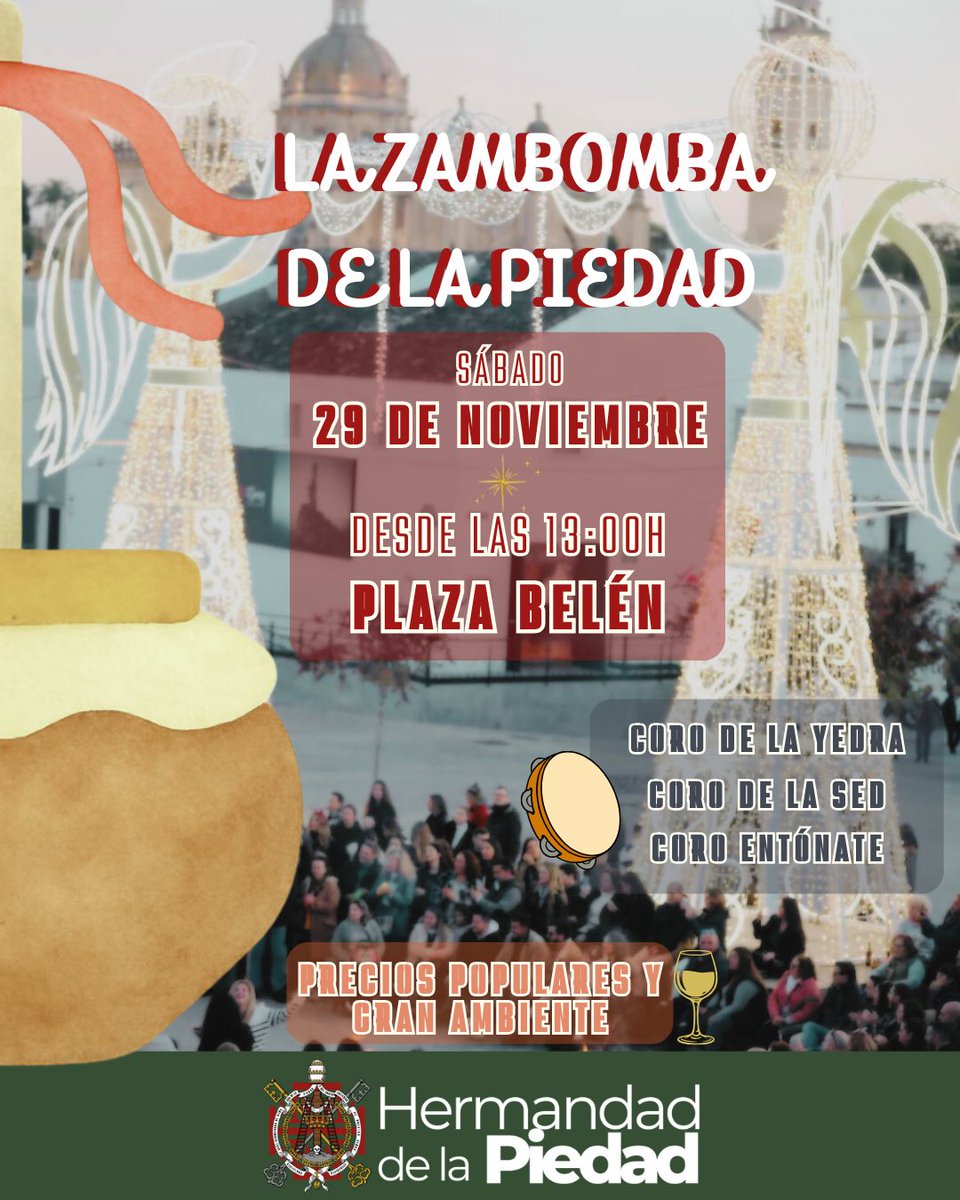 HdadPiedadJerez's tweet photo. LA ZAMBOMBA DE LA PIEDAD

▶️ Este sábado nos vamos a la plaza Belén!!

✨Desde las 13:00h podrás disfrutar de un gran ambiente, con los mejores villancicos jerezanos y con los mejores platos y bebidas a un gran precio. https://t.co/abJW1ZExxA