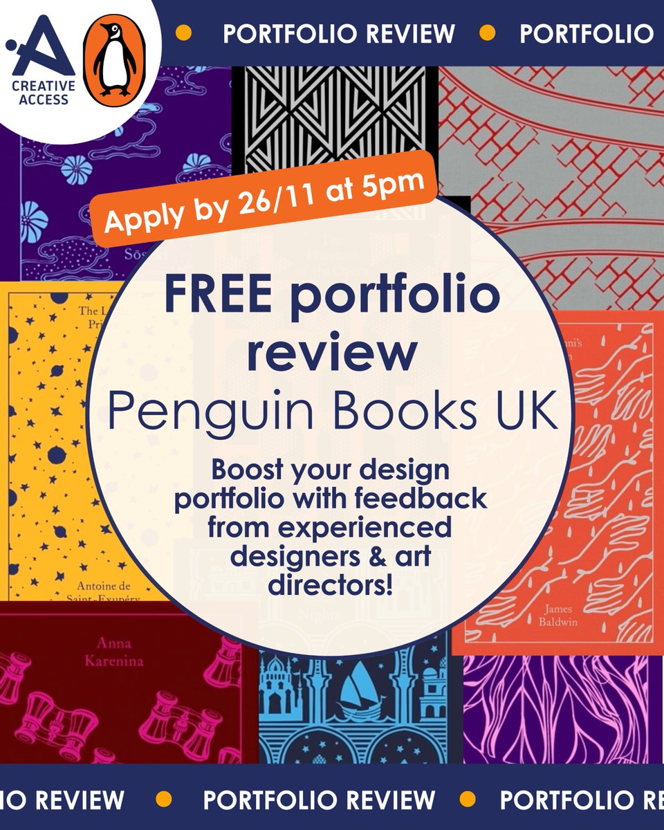 _CreativeAccess's tweet image. 📚🎨 Are you an early-career designer looking to boost your portfolio? We&apos;re teaming up with @PenguinUKBooks to offer FREE portfolio reviews with publishing industry pros!

⏳ Deadline: 26/11, 5pm
🗓️ Event details: 03/12, 1–3pm via Zoom
🔗 Apply now: ow.ly/15M750Xxsmn