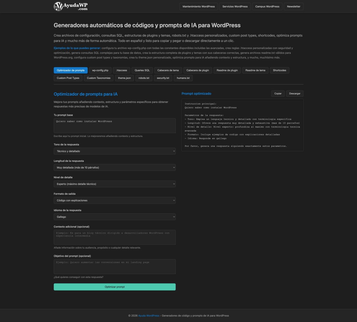 elhackernet's tweet image. Generadorr automáticos de código y prompts de IA para WordPress

Generador de wp-config.php
.htaccess
queries SQL para WordPress y WooCommerce
cabeceras de temas y plugins
Readme.txt para plugins y temas
Theme.json
 robots.txt
Generador de humans.txt
ayudawp.com/generador-ayud…