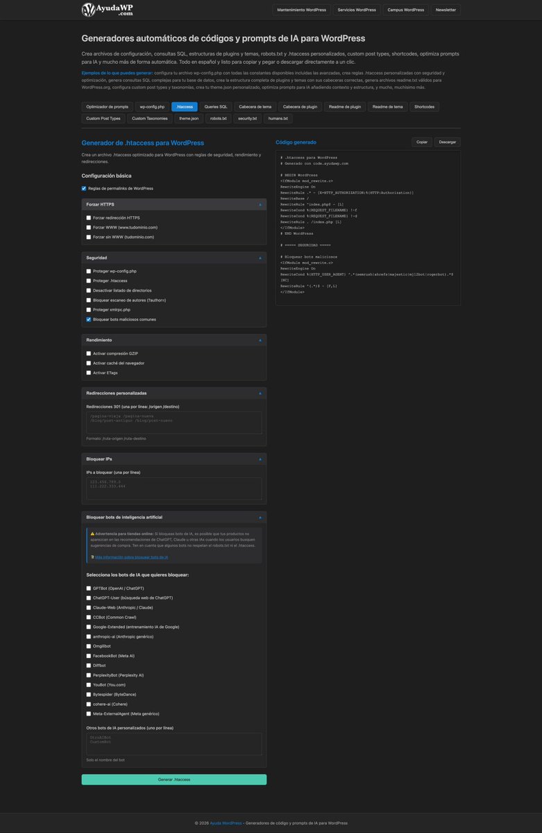 elhackernet's tweet image. Generadorr automáticos de código y prompts de IA para WordPress

Generador de wp-config.php
.htaccess
queries SQL para WordPress y WooCommerce
cabeceras de temas y plugins
Readme.txt para plugins y temas
Theme.json
 robots.txt
Generador de humans.txt
ayudawp.com/generador-ayud…