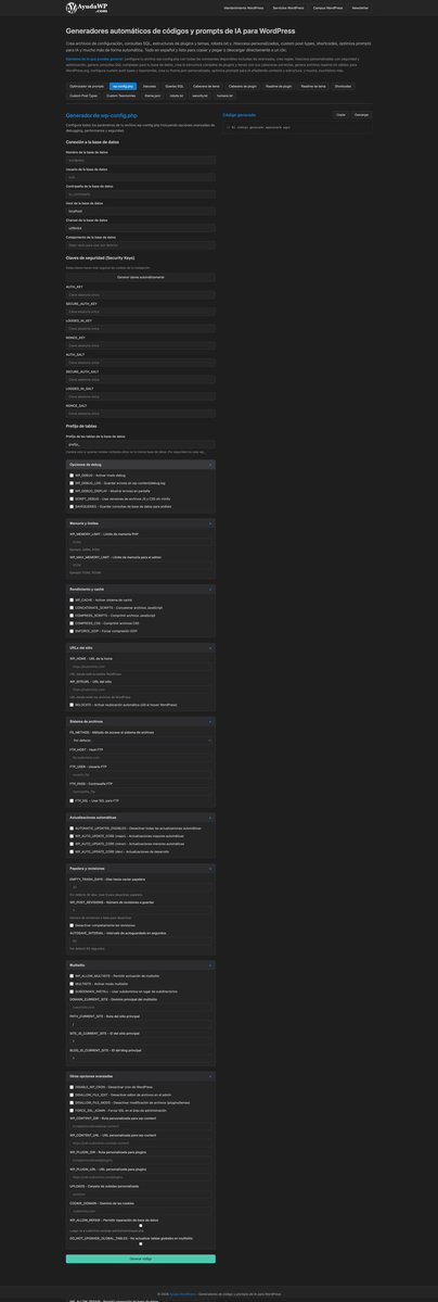elhackernet's tweet image. Generadorr automáticos de código y prompts de IA para WordPress

Generador de wp-config.php
.htaccess
queries SQL para WordPress y WooCommerce
cabeceras de temas y plugins
Readme.txt para plugins y temas
Theme.json
 robots.txt
Generador de humans.txt
ayudawp.com/generador-ayud…