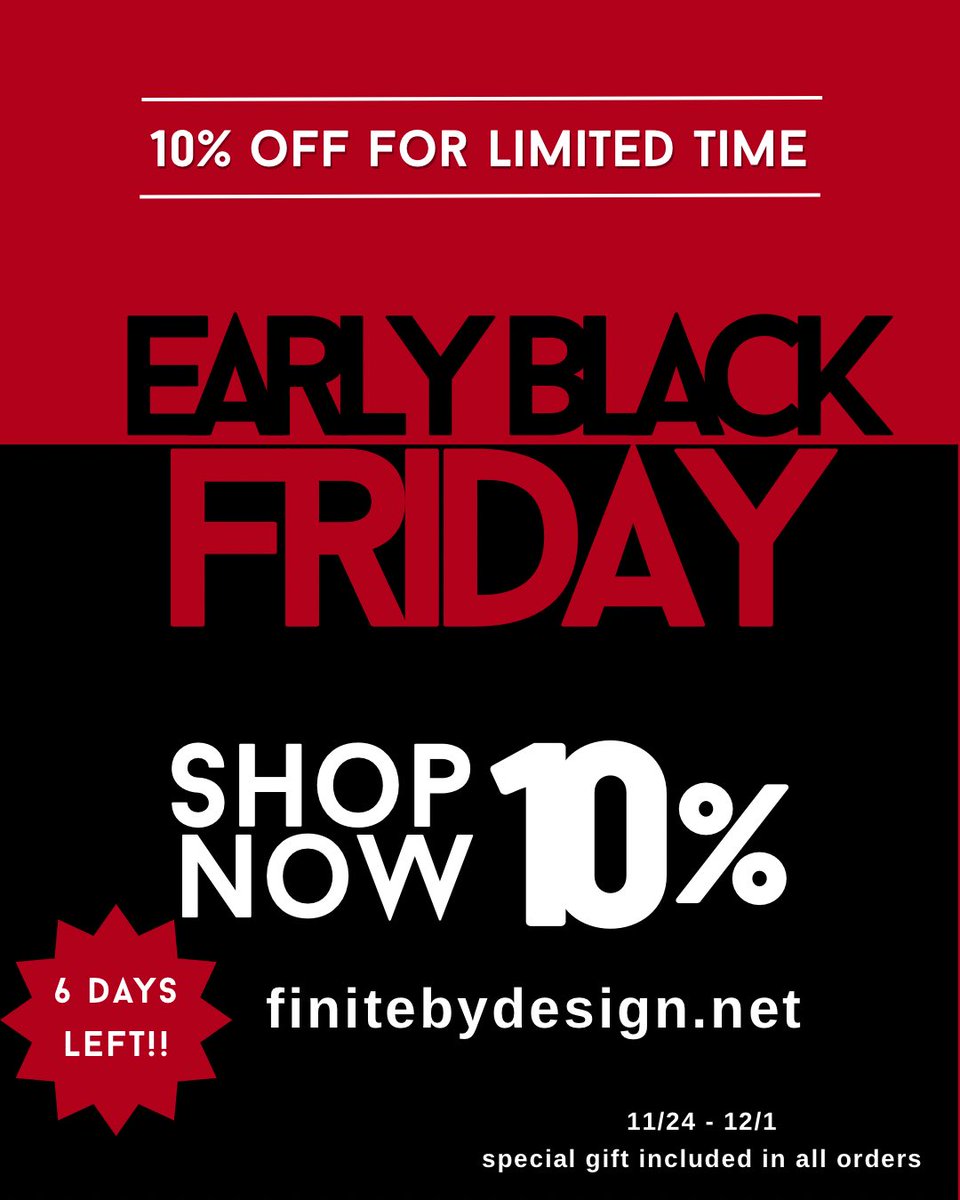 FiniteByDesign's tweet image. Our Early Black Friday Sale is LIVE!
Only 6 days left to grab 10% off everything + get a free gift with your order!
Don’t wait—sale ends 12/1 at midnight EST.
Shop now: finitebydesign.net

#BlackFridaySale #HolidayDeals #ShopSmall
