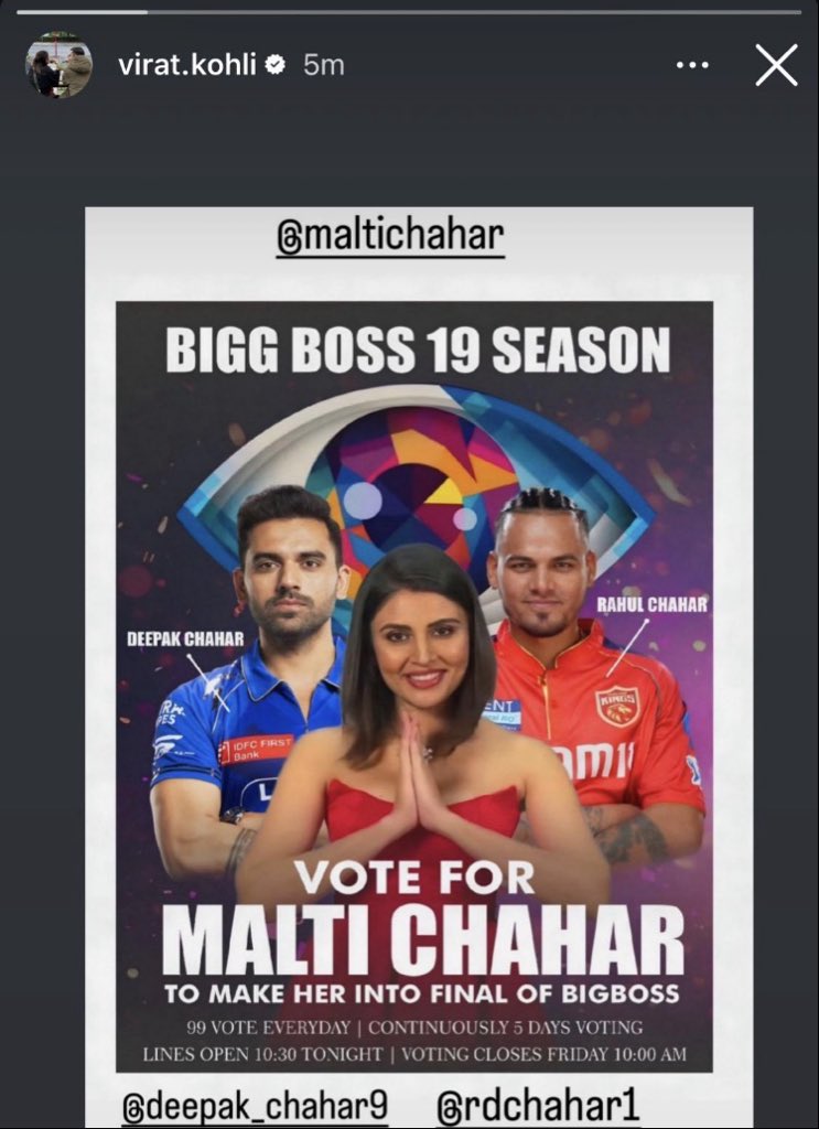 YogeshRanaChd's tweet photo. 🚨 Breaking! #ViratKohli just posted a vote appeal story for #MaltiChahar 😱🔥

VIRAT 😭😭😭 https://t.co/vQtJDkQIJI