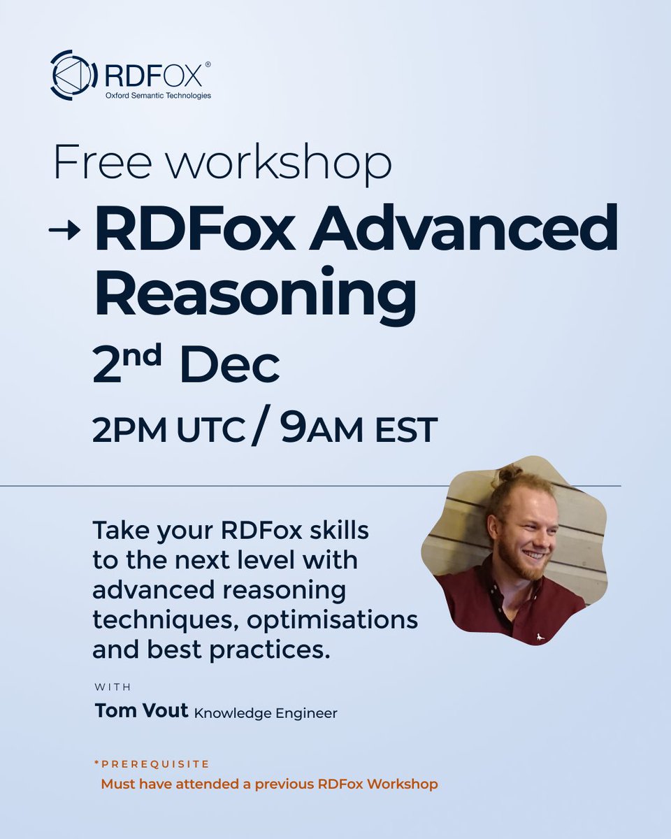 oxfordsemantic's tweet image. Ready to take your reasoning skills to the next level? 🔥

The all new✨Advanced Reasoning Workshop✨ covers:
🤖 Advanced functions
⚡ Performance optimisations
🌍 Real world applications
🎓 And best practices

Sign up today
hubs.li/Q03MVfzH0

#semanticweb #knowledgegraphs