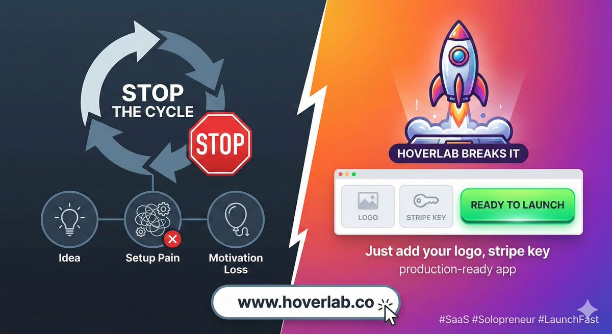 Stop the cycle. Idea → Setup Pain → Motivation Loss. Hoverlab breaks it. Just [add your logo, stripe key] and you’re ready to launch a production-ready app.
hoverlab.co
#SaaS #Solopreneur #LaunchFast