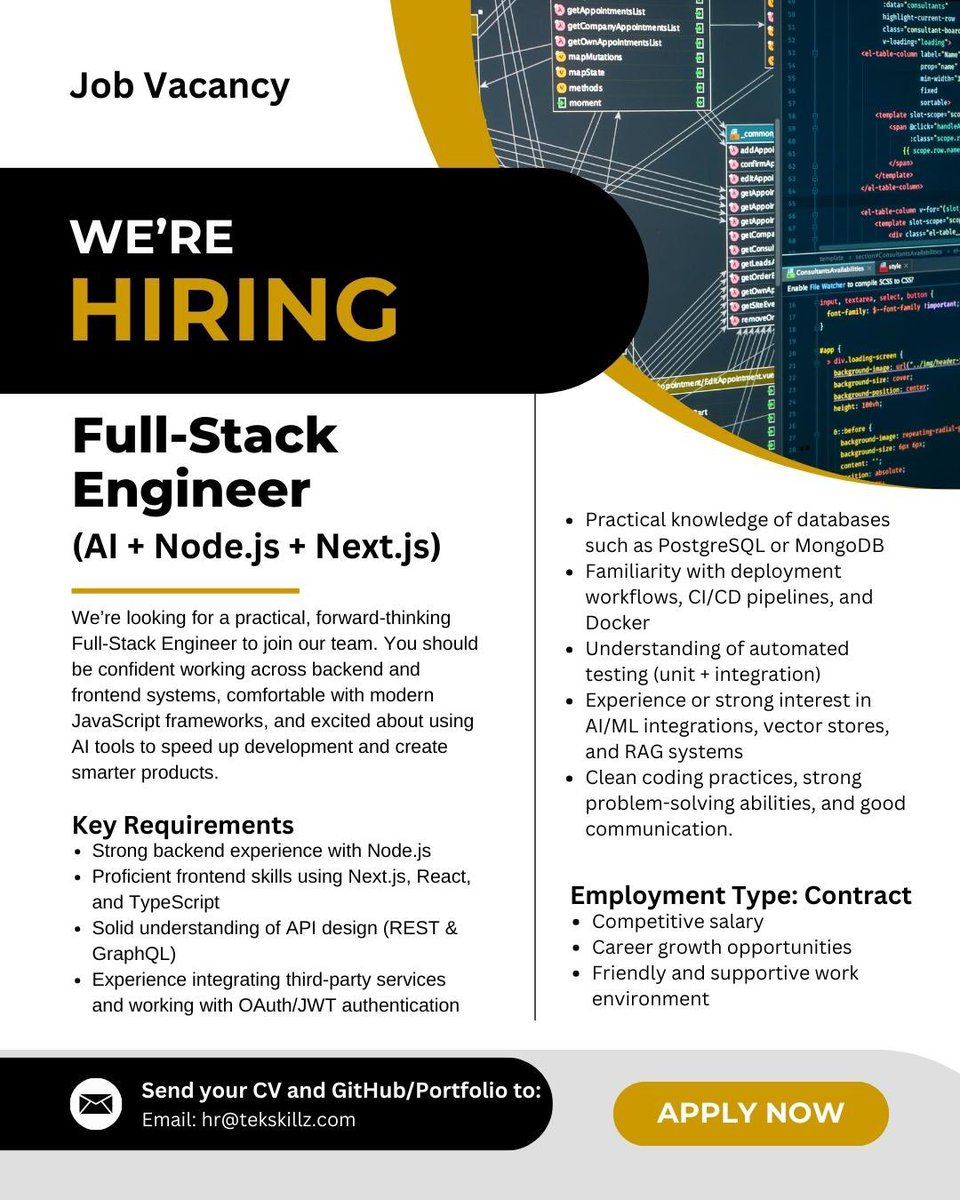 TekskillzTech's tweet image. Send your CV + GitHub/Portfolio to: hr@tekskillz.com

📌 Subject: Full-Stack Engineer Application

If you know someone who’d be a great fit, feel free to share or tag them!

#tekskillz #tekskillztech #webdeveloperjob #fullstackdeveloper #fullstackdevelopers