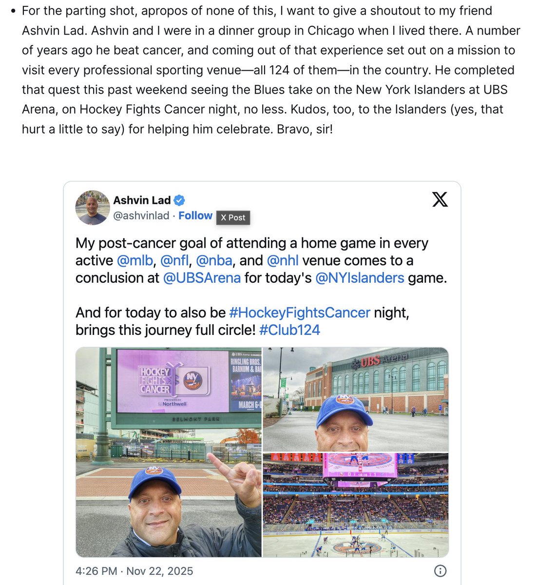Since it's behind the paywall, I'll screenshot and share this here:

Shoutout to my friend <a href="/ashvinlad/">Ashvin Lad</a> for completing his quest to visit all 124 professional sporting venues this weekend at the Islanders game!