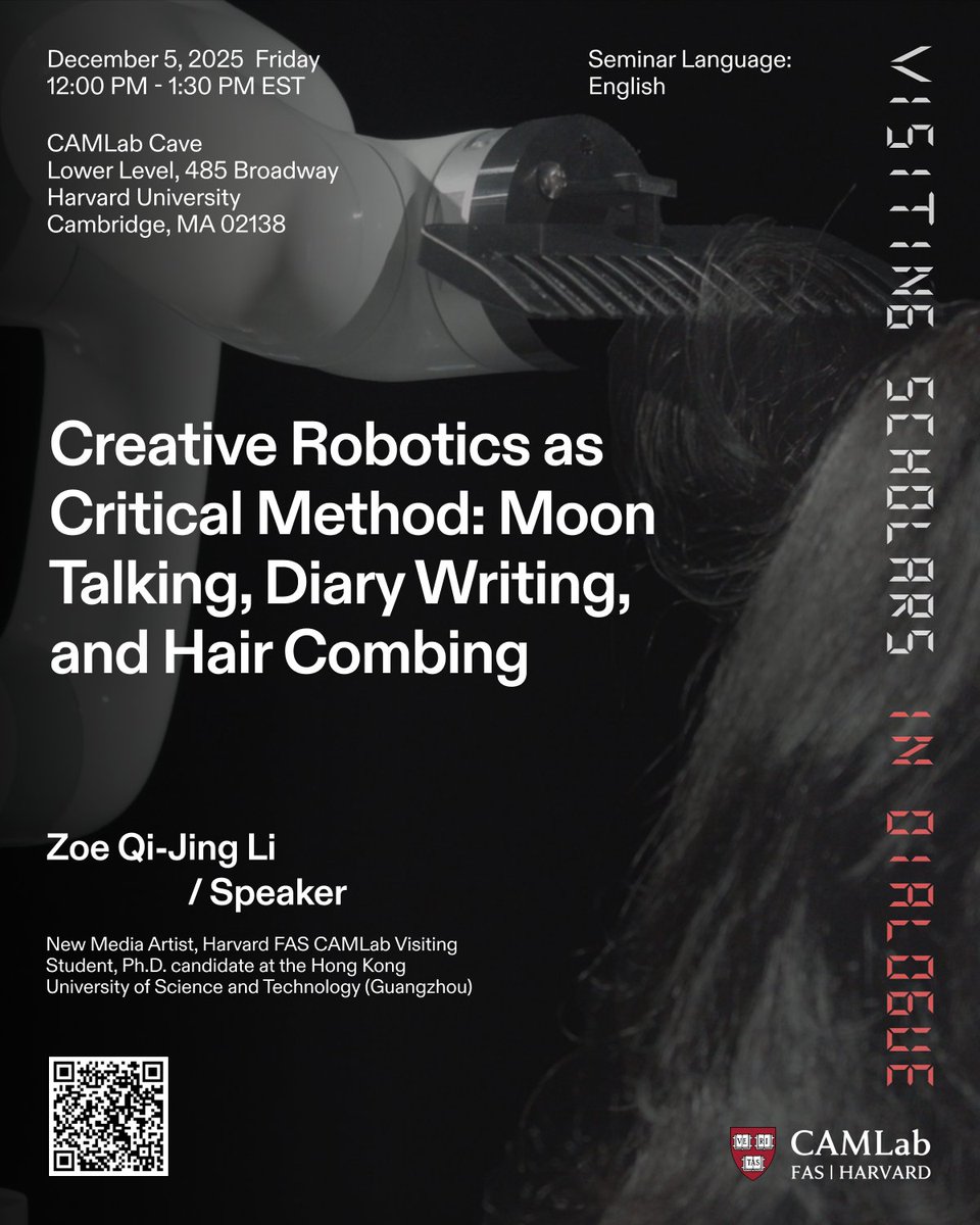 HarvardCAMLab's tweet image. CAMLab is delighted to present “Creative Robotics as Critical Method: Moon Talking, Diary Writing, and Hair Combing,” a lecture by Zoe Qi-Jing Li and part of our “Visiting Scholars in Dialogue” series. What does a robot writing a diary reveal about our own humanity? This lecture…