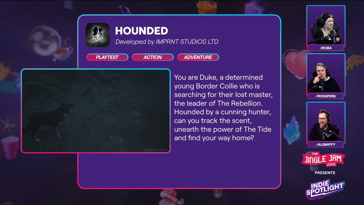 HoundedGame's tweet image. Hounded was recently featured on the @yogscast Jingle Jam showcase. Thank you so much for sharing the teaser and gameplay footage as well as Boba, Ross and Smith&apos;s awesome reactions! ❤️

You can watch the VOD at the link in comments (Hounded starts at around the 27 minute mark)