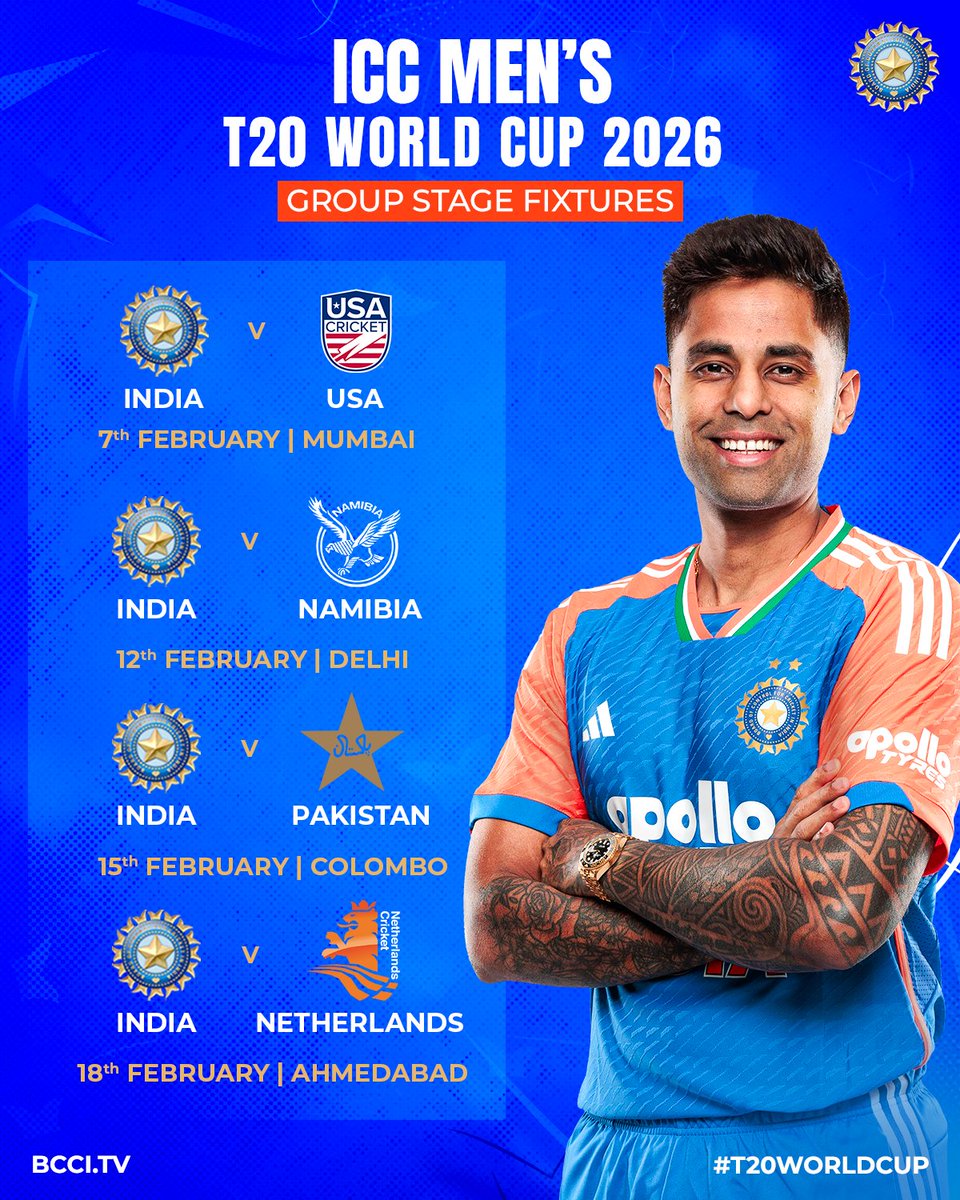 BCCI's tweet image. Ready to defend the title on home soil 🇮🇳 🏆

Here are #TeamIndia&apos;s group stage fixtures for the ICC Men&apos;s T20 World Cup 2026! 🗓️

#T20WorldCup