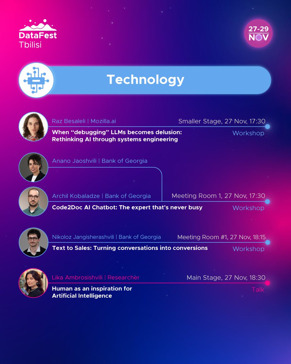 DataFestTbilisi's tweet image. The tech agenda is packed. 🚀

From LLM breakthroughs to AI ethics, from ML engineering to real-world case studies — our tech track is where the future gets built! 

🎫 Grab your Tickets: datafest.ge/tickets/