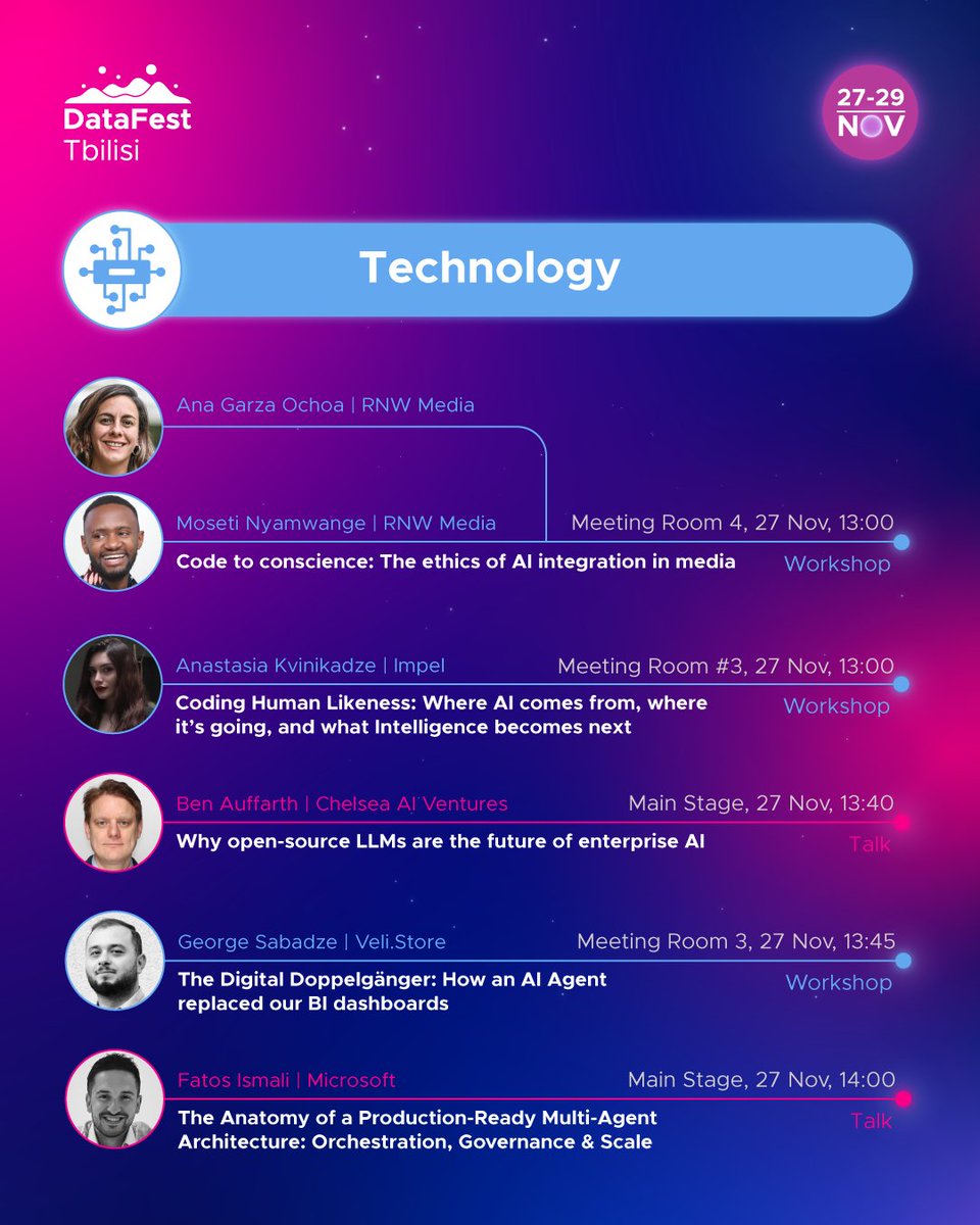 DataFestTbilisi's tweet image. The tech agenda is packed. 🚀

From LLM breakthroughs to AI ethics, from ML engineering to real-world case studies — our tech track is where the future gets built! 

🎫 Grab your Tickets: datafest.ge/tickets/