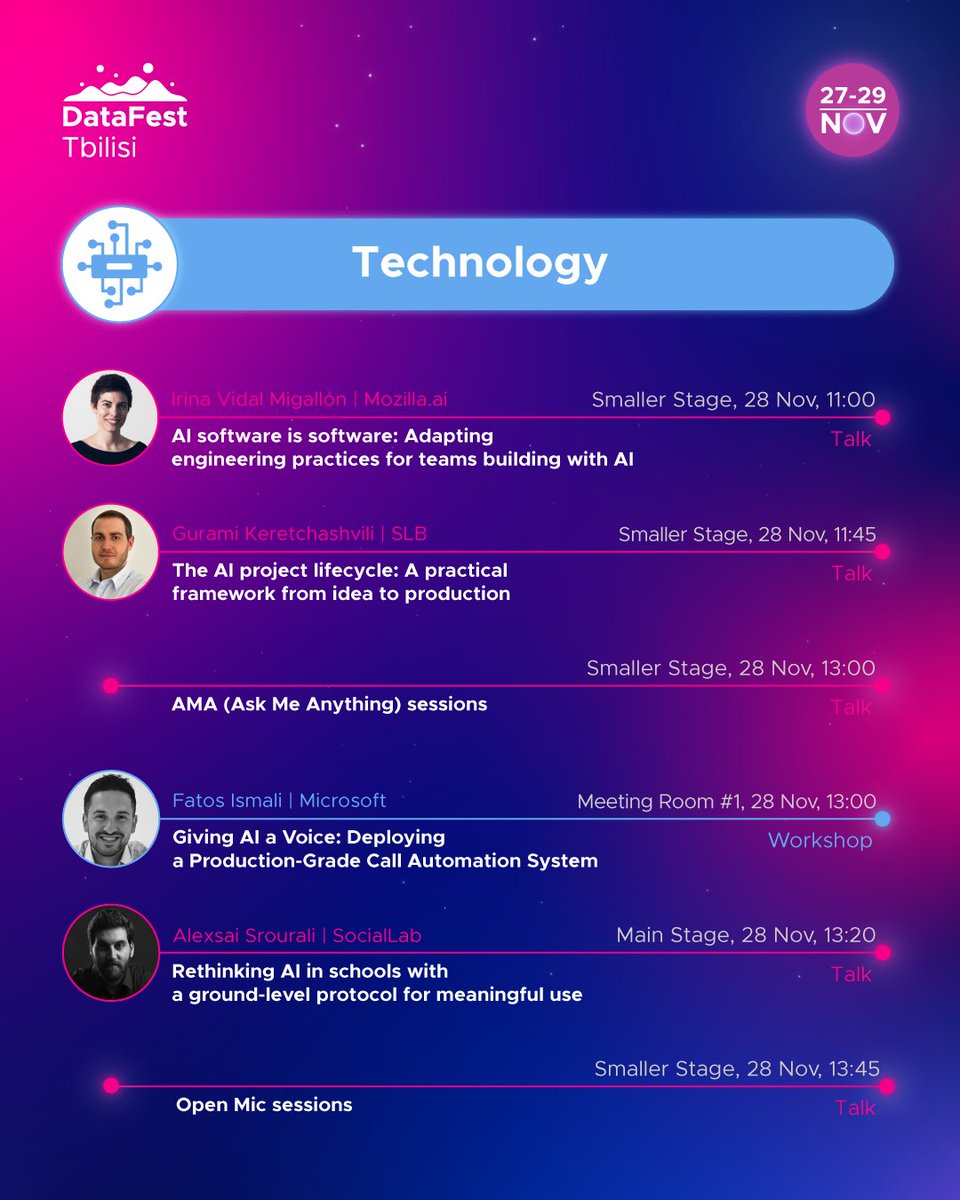 DataFestTbilisi's tweet image. The tech agenda is packed. 🚀

From LLM breakthroughs to AI ethics, from ML engineering to real-world case studies — our tech track is where the future gets built! 

🎫 Grab your Tickets: datafest.ge/tickets/