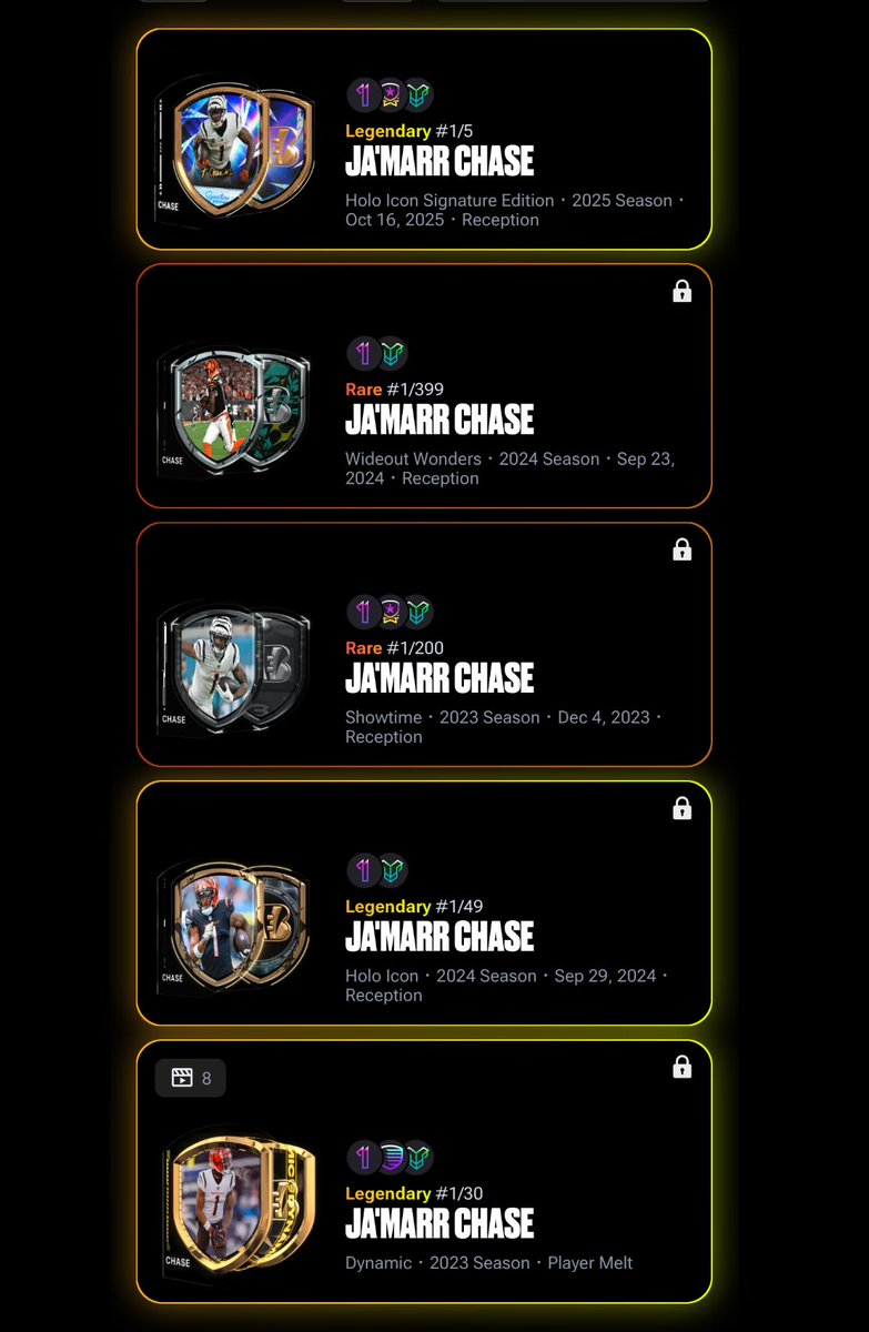 #1 jersey serial legendary moments of Ja’Marr Chase on <a href="/NFLALLDAY/">NFL ALL DAY</a> are such a catch. #1/5 Signature Edition, even more so. 

Love it, think this one headlines the collection.