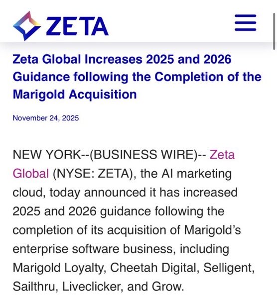 Por si no te enteraste… ‼️

$ZETA publicó ayer un aumento del Guidance FY25 y FY26 tras completarse la adquisición de Marigold.

Sigo pensando en que la empresa está infravalorada.

La cotización SUBE un +4.8% 🟢