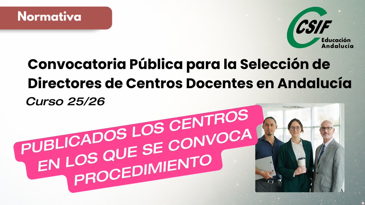 CSIFenseA's tweet image. 📢🎓 Selección para la Dirección de Centros Educativos
Se ha hecho pública la relación de centros educativos disponibles para el próximo concurso de méritos para la selección de directores/as. 📄

🗓️ PLAZO DE SOLICITUDES: del 3 al 17 de diciembre de 2025.

👇 Consulta el listado…