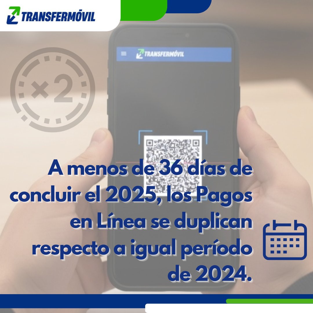🔊En lo que va de año,  hasta noviembre de 2025, se duplicaron los pagos en línea a través de #Transfermóvil 🇨🇺 respecto al 2024. 
<a href="/ETECSA_Cuba/">ETECSA</a> 
<a href="/MINCOMCuba/">Ministerio de Comunicaciones Cuba</a>
<a href="/TransfermovilS/">Transfermóvil Cuba</a> 
<a href="/transfermovilcu/">Transfermóvil Oficial</a>
<a href="/MinturCuba/">Ministerio Turismo</a>