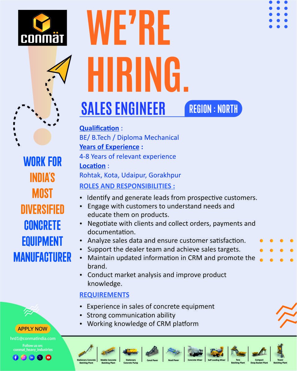 ConmatGroup's tweet image. We’re Hiring! | Sales Engineer | North Region

Join the dynamic team at Conmat – a leading name in the construction equipment industry. We’re looking for a qualified Sales Engineer with 4-8 years of relevant experience to be part of our growing organization.