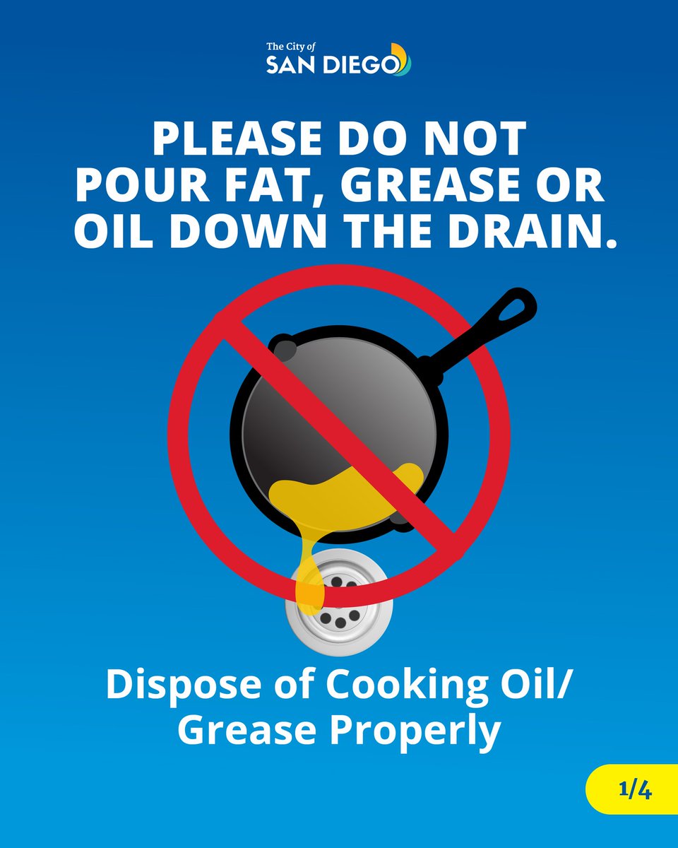 CityofSanDiego's tweet image. Don’t let a clogged sewer line ruin your holiday celebrations!
Cooking grease is a major cause of costly clogs at home and in city wastewater pipes. 
Follow these steps to dispose of fats, oils, and grease properly. Read more: insidesandiego.org/dont-ruin-your…