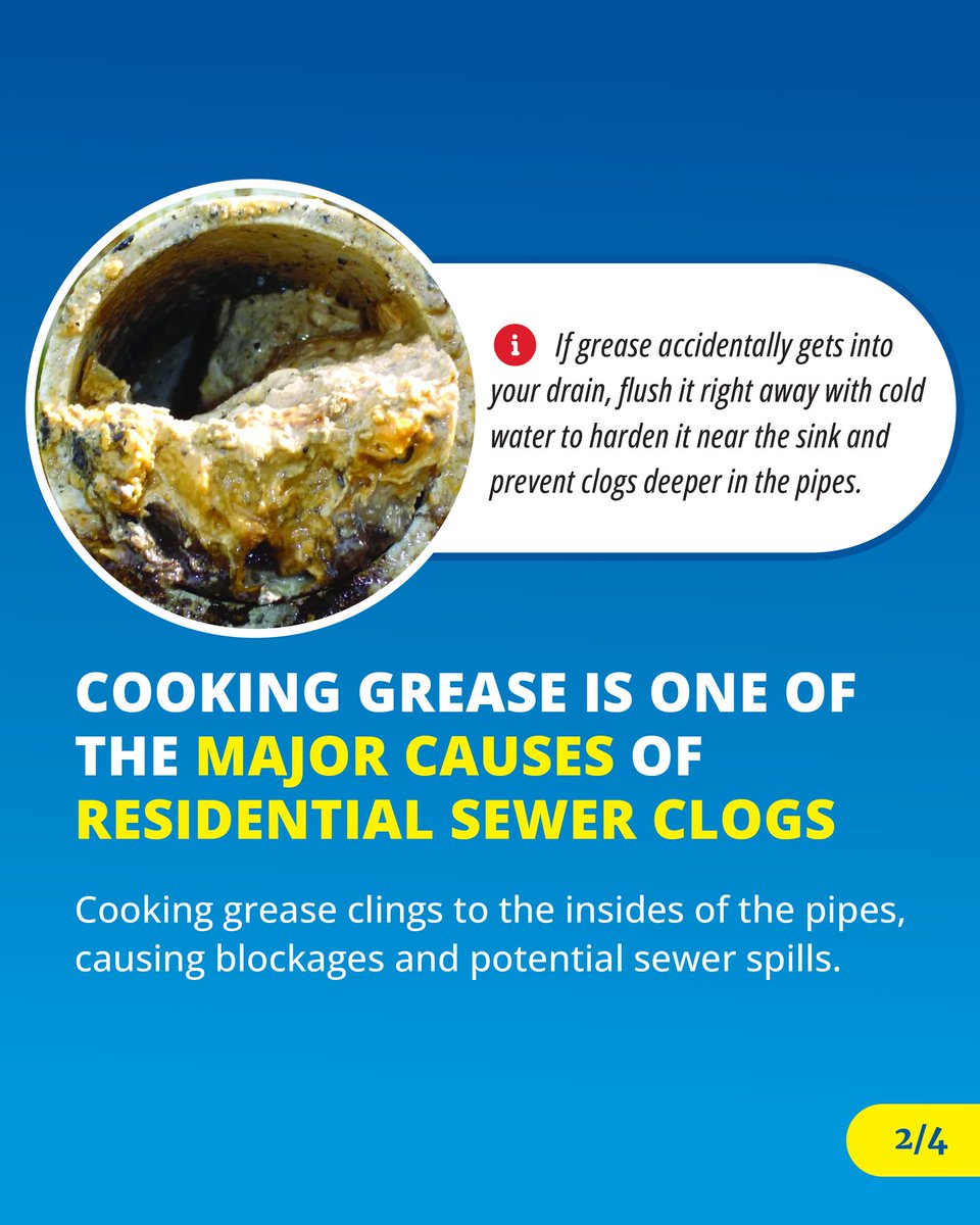 CityofSanDiego's tweet image. Don’t let a clogged sewer line ruin your holiday celebrations!
Cooking grease is a major cause of costly clogs at home and in city wastewater pipes. 
Follow these steps to dispose of fats, oils, and grease properly. Read more: insidesandiego.org/dont-ruin-your…