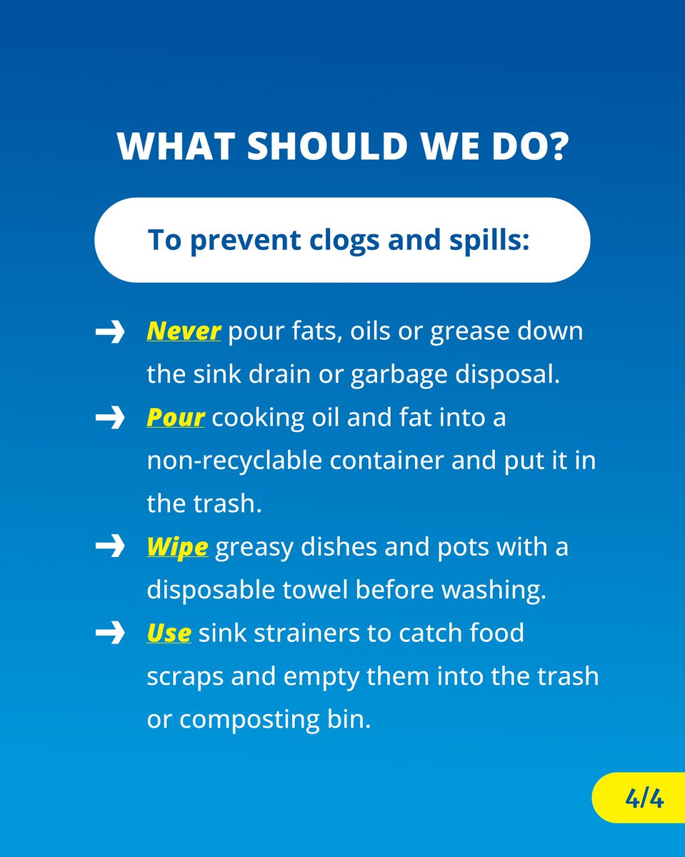 CityofSanDiego's tweet image. Don’t let a clogged sewer line ruin your holiday celebrations!
Cooking grease is a major cause of costly clogs at home and in city wastewater pipes. 
Follow these steps to dispose of fats, oils, and grease properly. Read more: insidesandiego.org/dont-ruin-your…