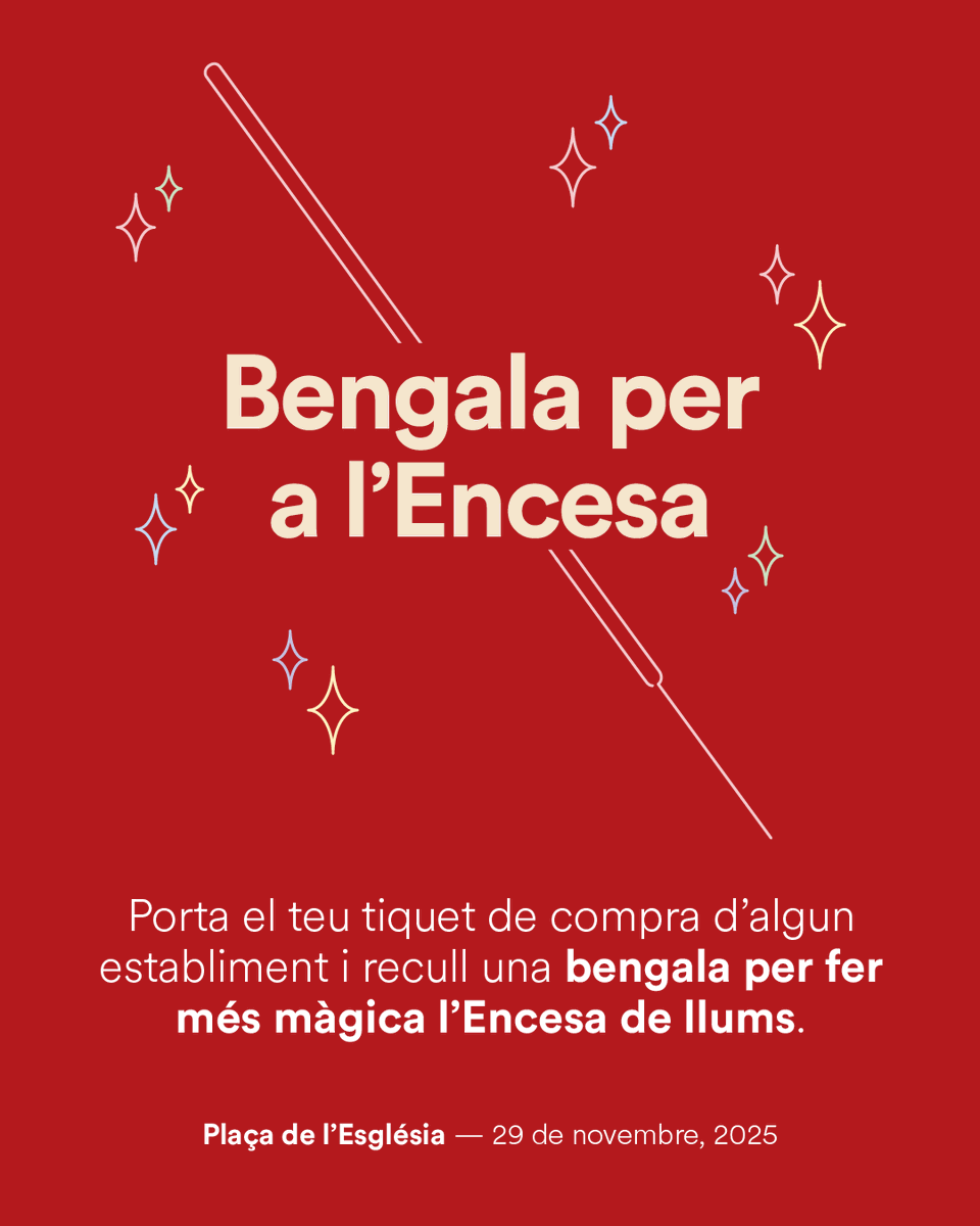 🎇Ens ajudes a il·luminar l'Encesa de llums!
Porta un tiquet de compra d’algun establiment comercial, a la Plaça de l'Església, i recull la teva bengala per fer brillar l’Encesa de llums.
#EncenLaMagiaDelNadal #FiraDeNadal #EncesaDeLlums #BengalaPerEncesa #Castellbisbal