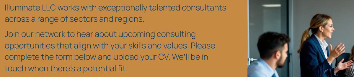 btahmassebi's tweet image. Illuminate LLC works with exceptionally talented consultants across a range of sectors and regions. Join our network to hear about upcoming consulting opportunities that align with your skills and values. illcglobal.com/careers-and-co…
