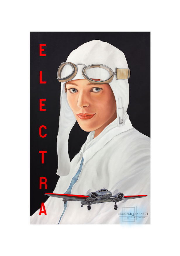 JcLenhardt's tweet photo. This is a painting I recently completed of Aviator, Amelia Earhart titled "Every Dream Starts With A Spark."  It's  a 30 x 48" oil on canvas and is currently showing in the Peninsula Art League's National Show at the Gig Harbor Vintage Aero Museum now through Dec. 3rd, so there's still time to see it in person, if you're in the area! My hope for this painting though, is that it will permanently land in an aviation museum someday.  When I created it, I wanted to try and do a painting of her I felt would encompass her entire aviation career as well as her essence. Here she is in her early to mid twenties (at the beginning of her aviation career), with her final plane, the Electra, that she disappeared in in 1937. 

She was such a courageous and amazing woman and really a pioneer for women’s empowerment. There's so many fascinating things about her life and my hope for this painting is that it will spark new interest, not only in who she was, but also will serve as inspiration, especially for young girls and women alike; that anything is possible! All it takes is a spark!✨