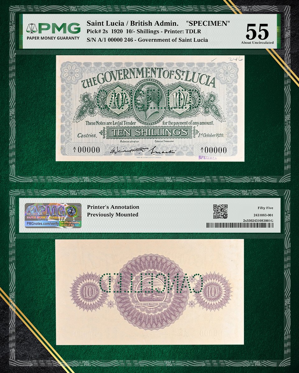 PMGnotes's tweet image. This incredibly rare Saint Lucia / British Administration 1920 10/- Shillings Specimen has an estimate of £20,000 to £24,000 in a Noonans auction this week. Learn more about it: PMGnotes.com/news/article/1… #numismatics #papermoney #stlucia #saintlucia #specimennote #shillings