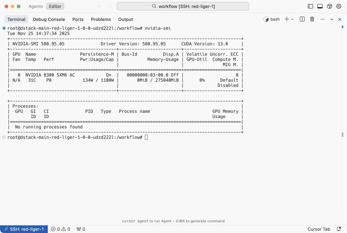Testing on-demand @NVIDIA B300 on <a href="/verdacloud/">Verda (formerly DataCrunch)</a> provisioned via <a href="/dstackai/">dstack</a>. Isn't it cool?