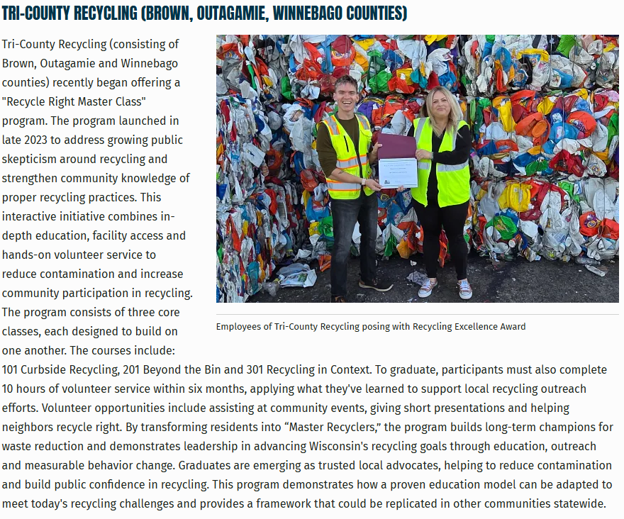 Congratulations to <a href="/RecycleBrownCo/">RecycleBrownCo</a> and their Tri-County #recycling partners on winning a Recycling Excellence Award from the Wisconsin Department of Natural Resources!