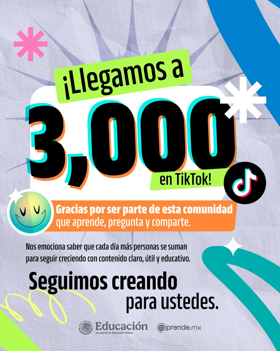 ¡Alcanzamos los 3000! 🎉

Cada persona que se suma hace que esta comunidad sea más viva, más curiosa y más participativa.

Si aún no nos sigues, ven y descubre contenido que te acompaña y te inspira a aprender cada día. 📚✨

📌 amx.la/TikTokAprendeMX