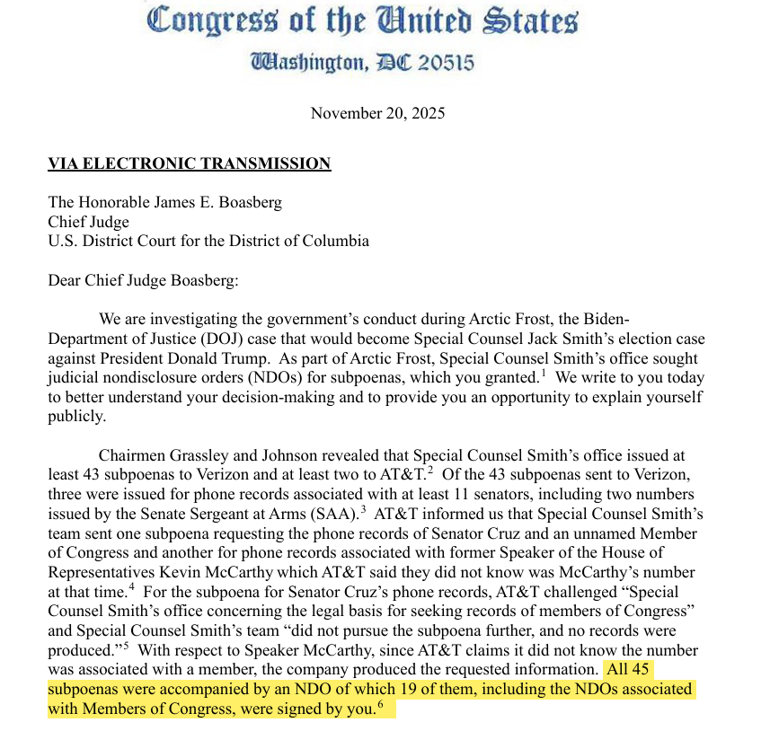 julie_kelly2's tweet image. Chairmen Grassley, Johnson, and Jordan want answers from Jeb Boasberg related to at least NINETEEN nondisclosure orders he signed prohibiting--illegally--cell phone providers from notifying members of Congress about Jack Smith&apos;s subpoenas for records