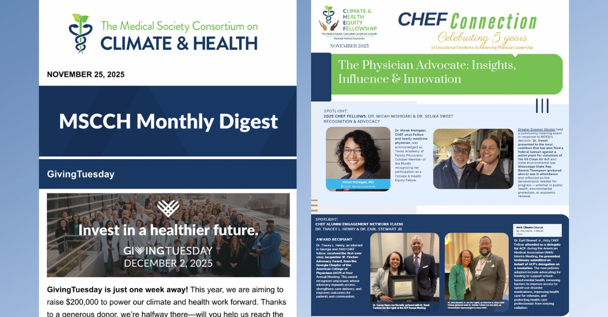 docsforclimate's tweet image. 🌎 Our November Digest and CHEF Connection are out now! Give them a read here for the latest insights: medsocietiesforclimatehealth.org/latest-news/ne…

Want these updates and more delivered directly to your inbox? Subscribe to our list to stay connected.