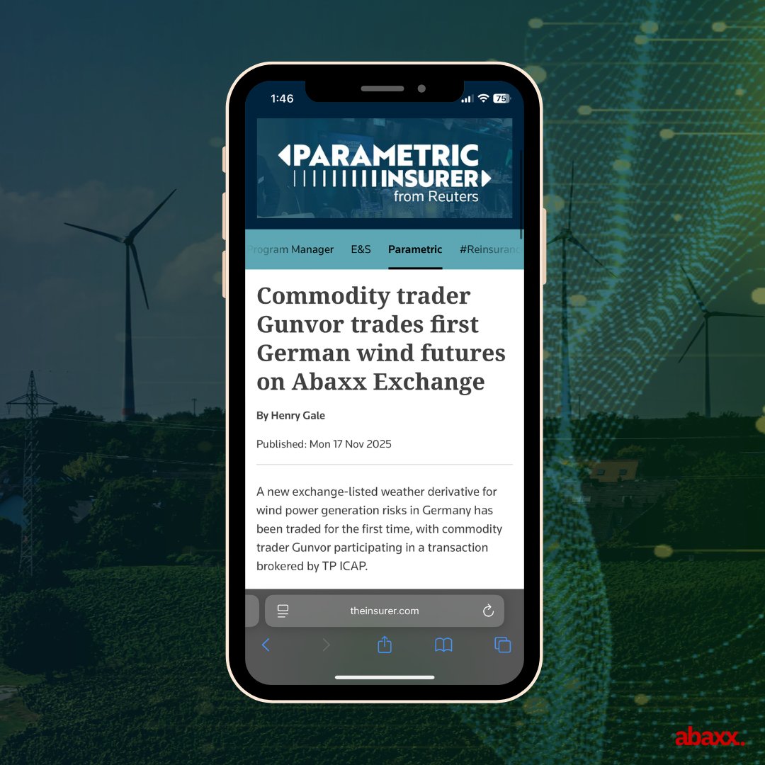 abaxx_exchange's tweet image. Commodity trader @Gunvor trades first German wind futures on Abaxx Exchange via @Reuters&apos; @The_Insurer 

theinsurer.com/parametric-ins…