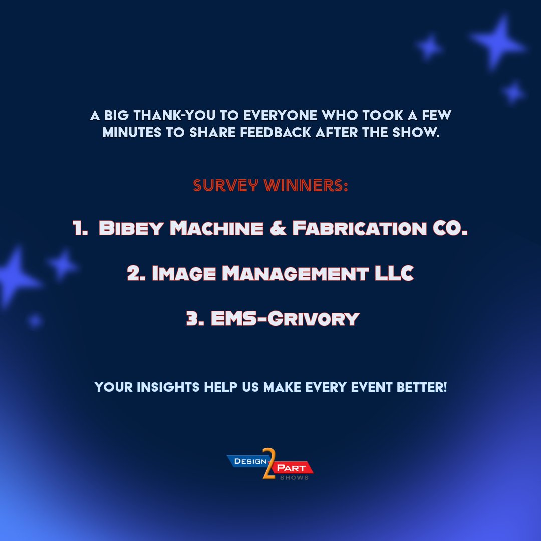 Design2Part's tweet image. After every show we send a post-show survey—your feedback means a lot.

Congrats to our winners this round, representing:

🌟 Bibey Machine &amp;amp; Fabrication Co
🌟 Image Management LLC
🌟 EMS-Grivory

And if you attended our Oaks show, don’t forget to complete your survey!