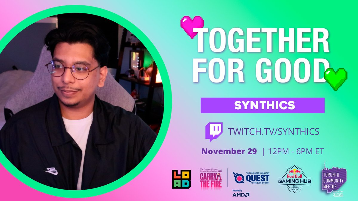 Going live with <a href="/Loadscreengg/">Loadscreen</a> and <a href="/TwitchGTA/">Toronto Community MeetUp</a> for a charity stream on Nov 29th to support @ThePMCF.
Every donation helps fund cutting-edge cancer research.

#TogetherForGood #QuestToConquerCancer

Donate: tilt.fyi/QnAAZhLHoi