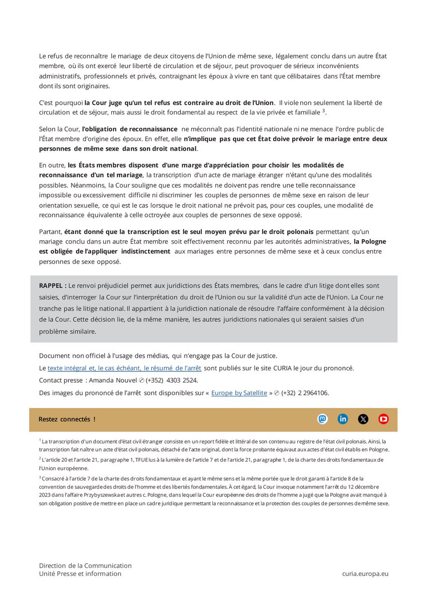🇪🇺🏳️‍🌈 Désormais, tous les États membres seront obligés de reconnaître les mariages entre deux personnes de même sexe conclus au sein de l’UE.

La CJUE a estimé aujourd’hui qu’un État membre ne peut pas refuser de reconnaître un mariage entre deux personnes de même sexe légalement