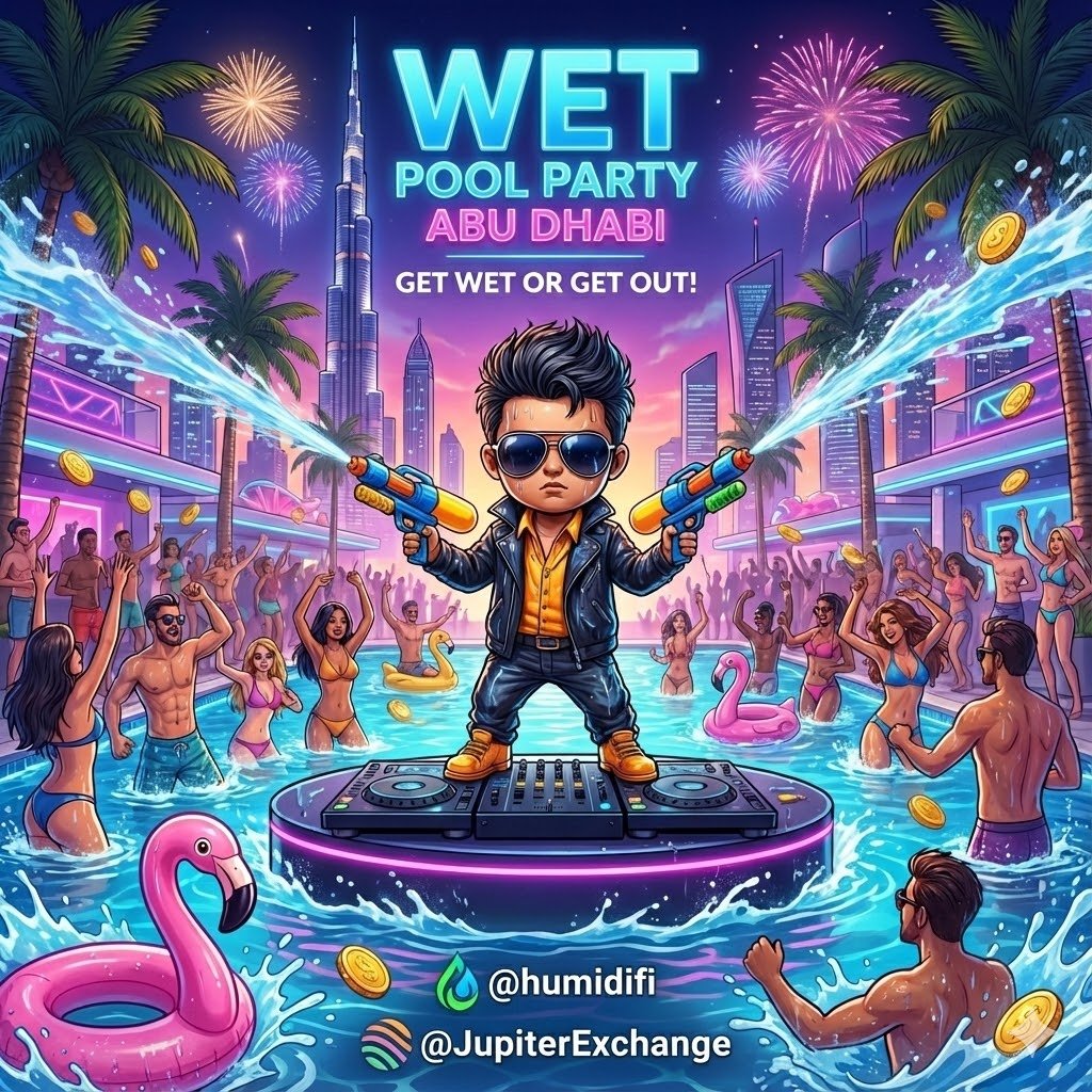 <a href="/humidifi/">HumidiFi</a> <a href="/JupiterExchange/">Jupiter</a> 
#WETxJupiter #AbuDhabiPoolParty #SolanaSummerNeverEnds

Infinity pool overlooking the Abu Dhabi skyline, sun hitting hard, ice-cold drinks dripping, JUP cats in bikinis, WET vibes turned all the way up, and the entire Solana sea in the same water
