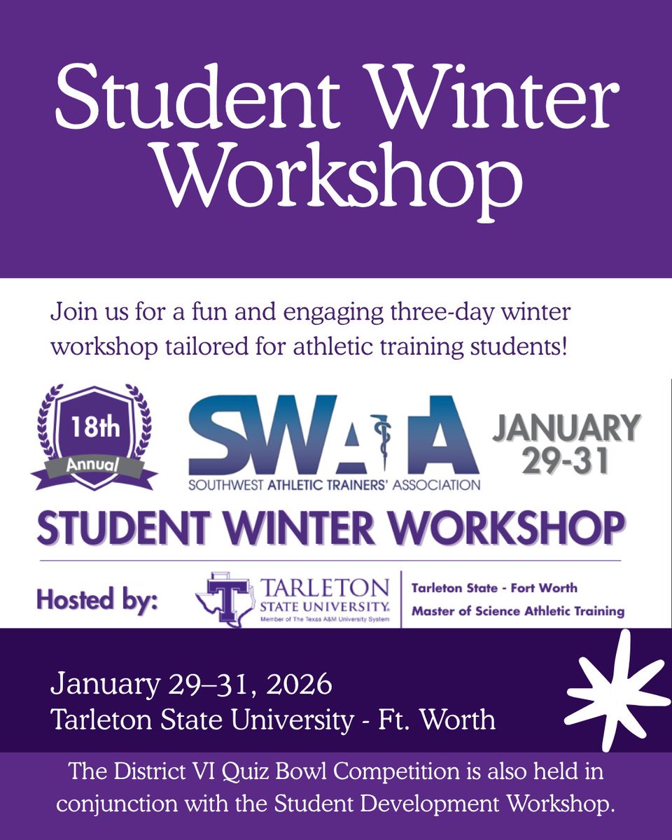 SWATAD6's tweet image. Attention junior, senior &amp;amp; grad AT students!
The 18th Annual SWATA Student Winter Workshop is coming soon! 🏃‍♂️💨
📅 Jan 29th–31st, 2026
📍 Tarleton State University – Fort Worth Campus
Choose your track:
🔹 Skill Development (1st-years)
🔹 Knowledge Assessment (2nd-years prepping…