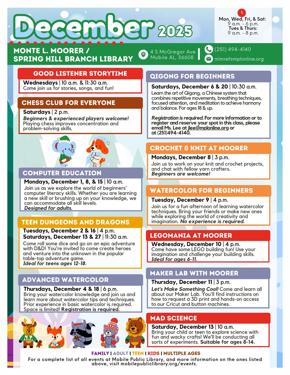 MobPubLib's tweet image. Storytimes, programs, and festive fun at Moorer / Spring Hill Branch Library this December! #MobileAL #MobilePublicLibrary #LibraryPrograms #Events