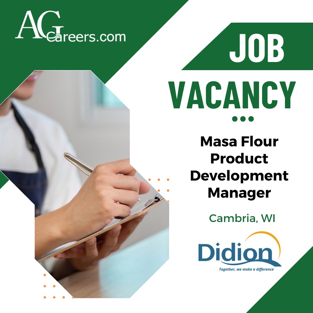Didion Inc. is #Hiring a Masa Flour Product Development Manager!

This role will interface directly with customers to resolve technical and quality issues, providing hands-on support and guidance. 

Apply on #AgCareers: ow.ly/HCrU50Xxucr