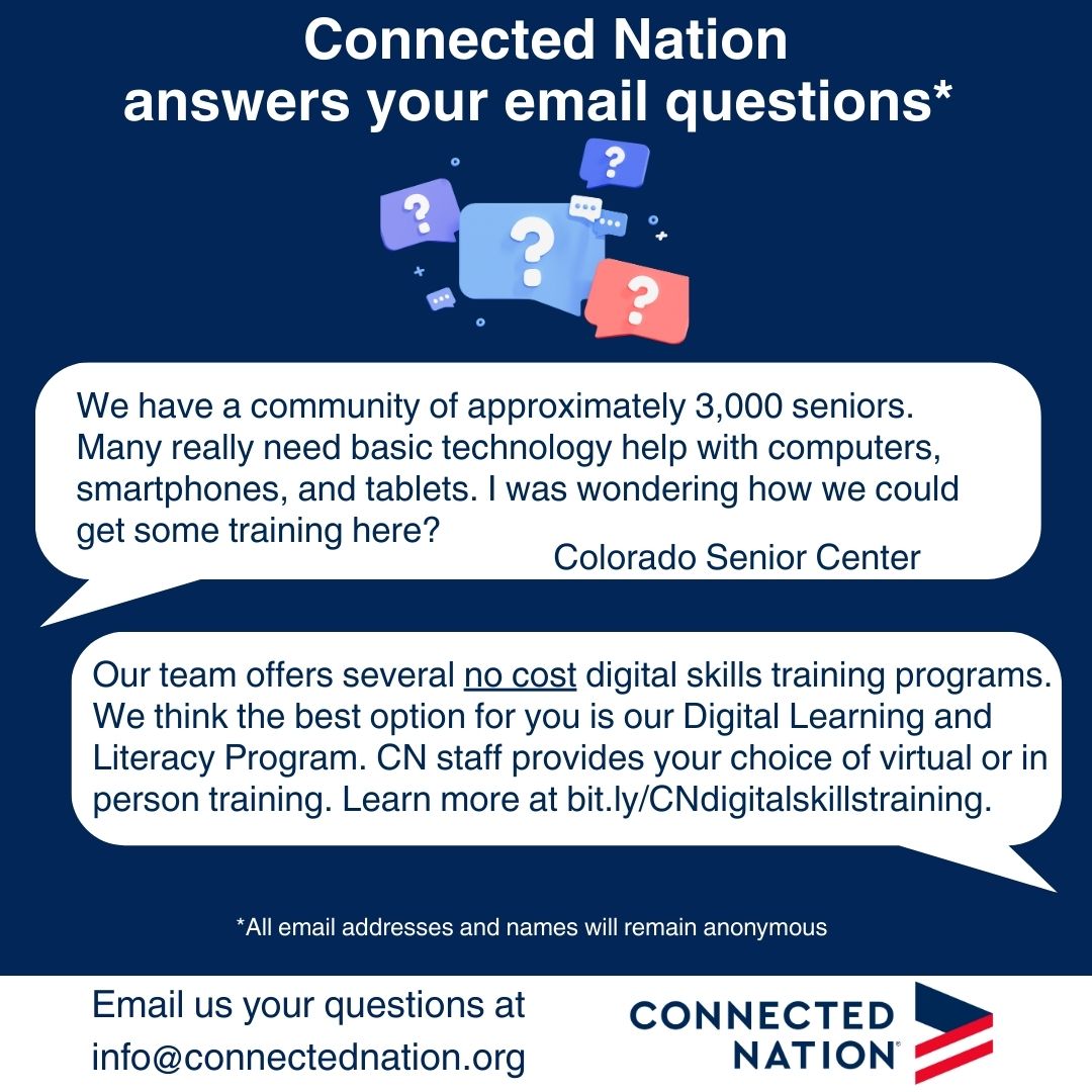 TomFerree4's tweet image. We get questions like this all the time, and we’re here to help.

#ConnectedNation provides no-cost digital literacy training tailored to your community’s needs. See how we support seniors, libraries, and community centers across the country 👇 bit.ly/48mM3o8