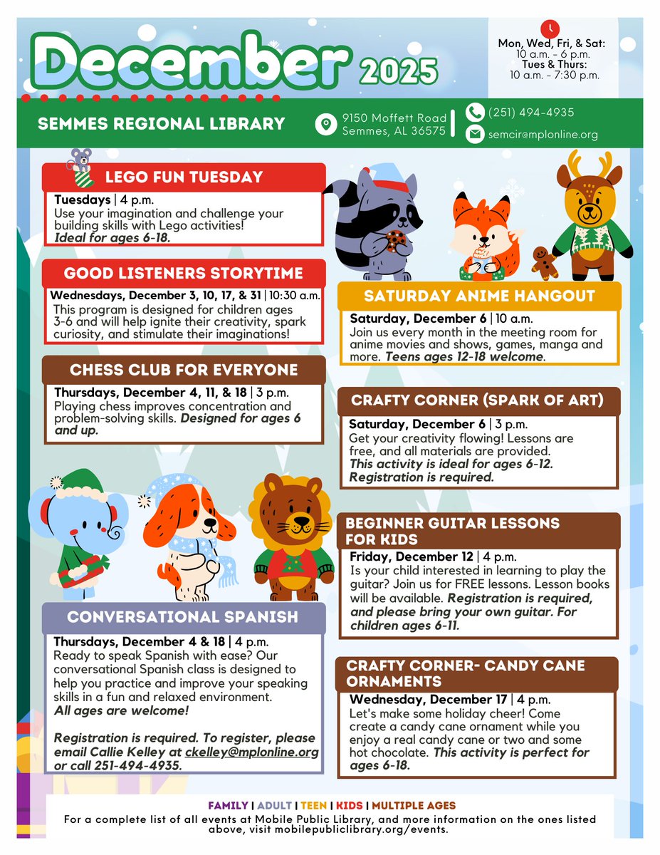 MobPubLib's tweet image. Our librarians and staff have great programs &amp;amp; classes waiting for you this December at Semmes Regional Library! #SemmesAL #Events #MobilePublicLibrary