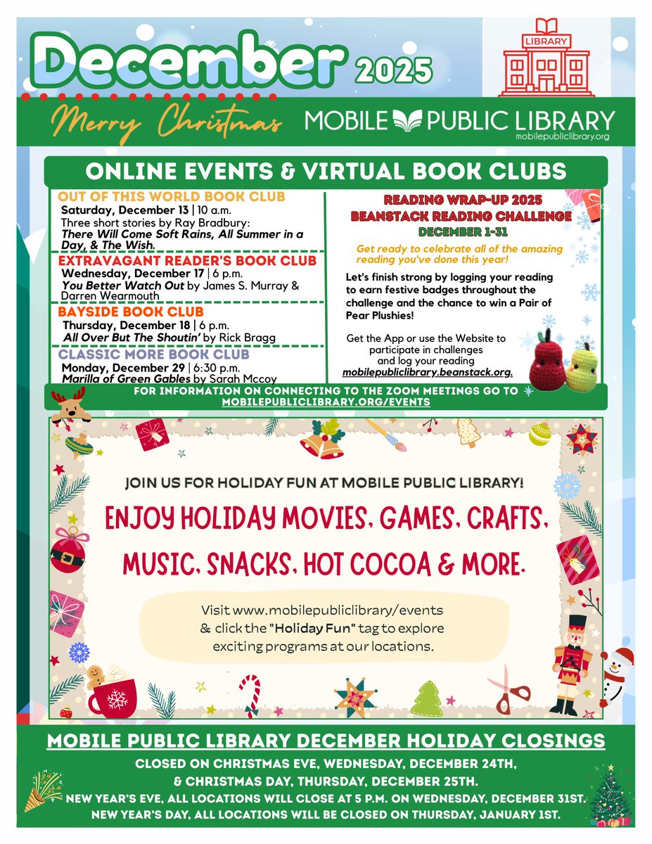 MobPubLib's tweet image. Cozy up at home and dive into a good book with us! Join a virtual book club this December! ❄️📖 #BookClub #MobileAL #MobilePublicLibrary