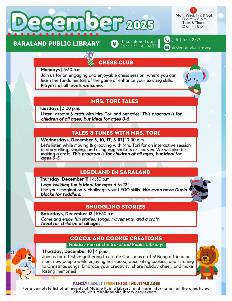 MobPubLib's tweet image. Holiday Happenings at Saraland Public Library! Stop by and say hello to our wonderful staff and pick up your next cozy reads! #SaralandAL #MobilePublicLibrary #Events