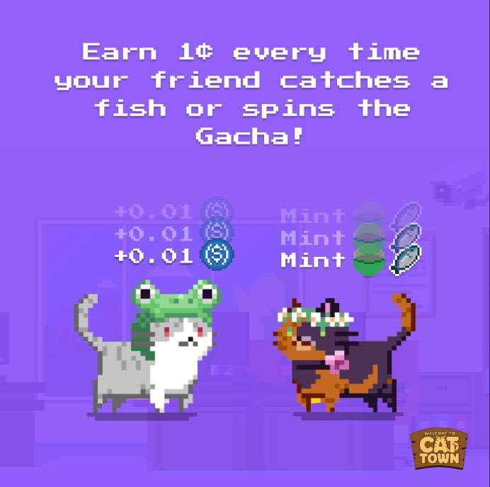 The cat is finally out of the bag 🙀 

Earn USDC on EVERY FISH and EVERY SPIN 💰

And for the OGs... yes, if you've helped onboard players in the past they can still apply your code but only if you applyyy ✍️

cat.town/townsquare?ref…

Use my code and then apply for your own and I