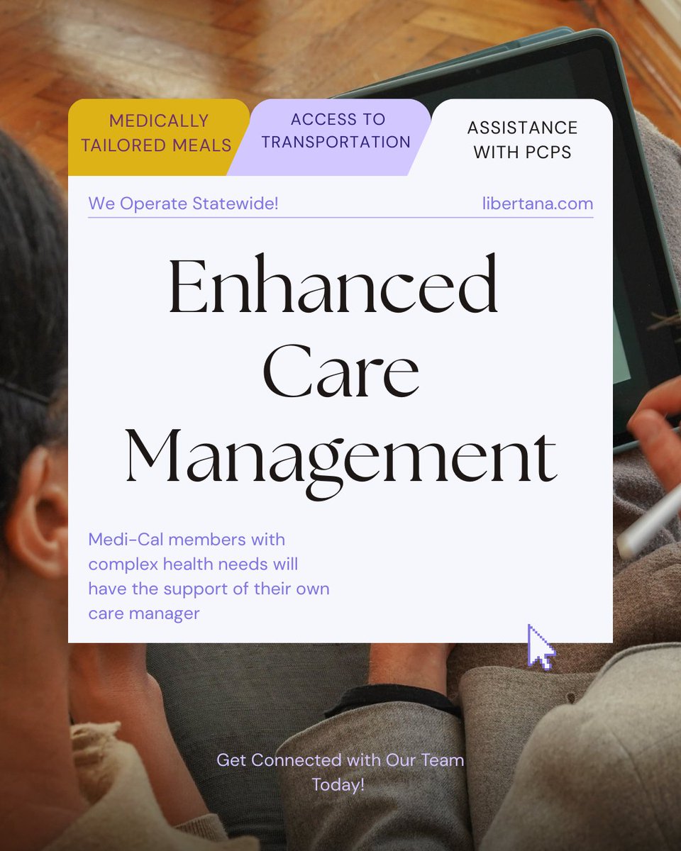 libertana's tweet image. Navigating the healthcare system can be tough with complex needs. ECM helps Medi-Cal members access a dedicated care manager who connects them to the resources they need to improve their health. #CalAIM #ECM #MediCal #DHCS